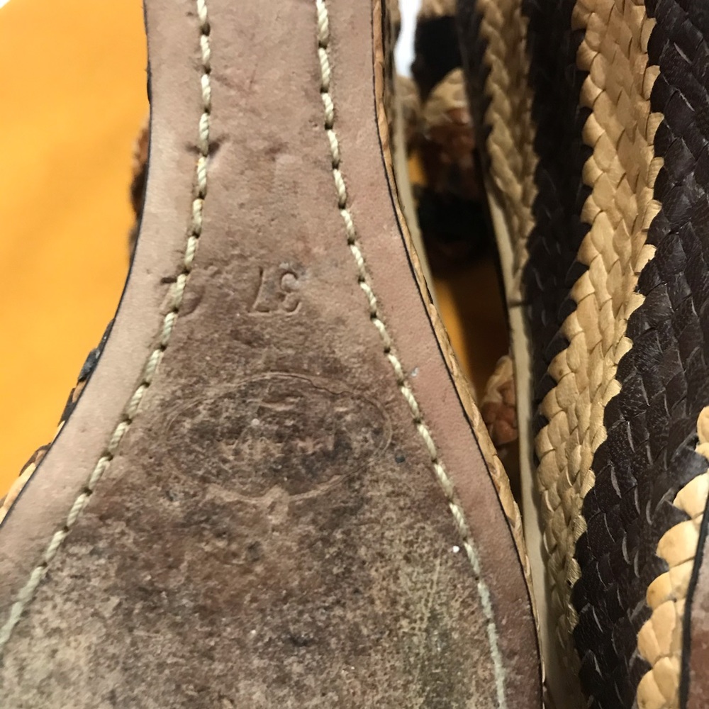 PRADA Brown Woven Leather Peep Toe Wedge Sandals - Picture 14 of 14
